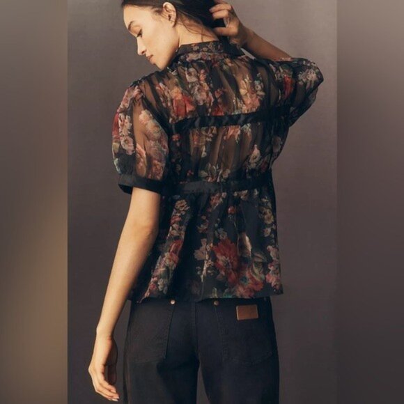 NWT Size L - Anthropologie Short-Sleeve Tie-Front Sheer Blouse (NWT US$ 118) - Picture 8 of 16